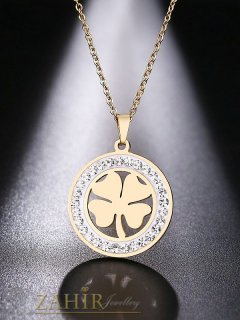  Кристален стоманен медальон 2 см с четирилистна детелина на тънък стоманен ланец 45 или 50 см - K1783